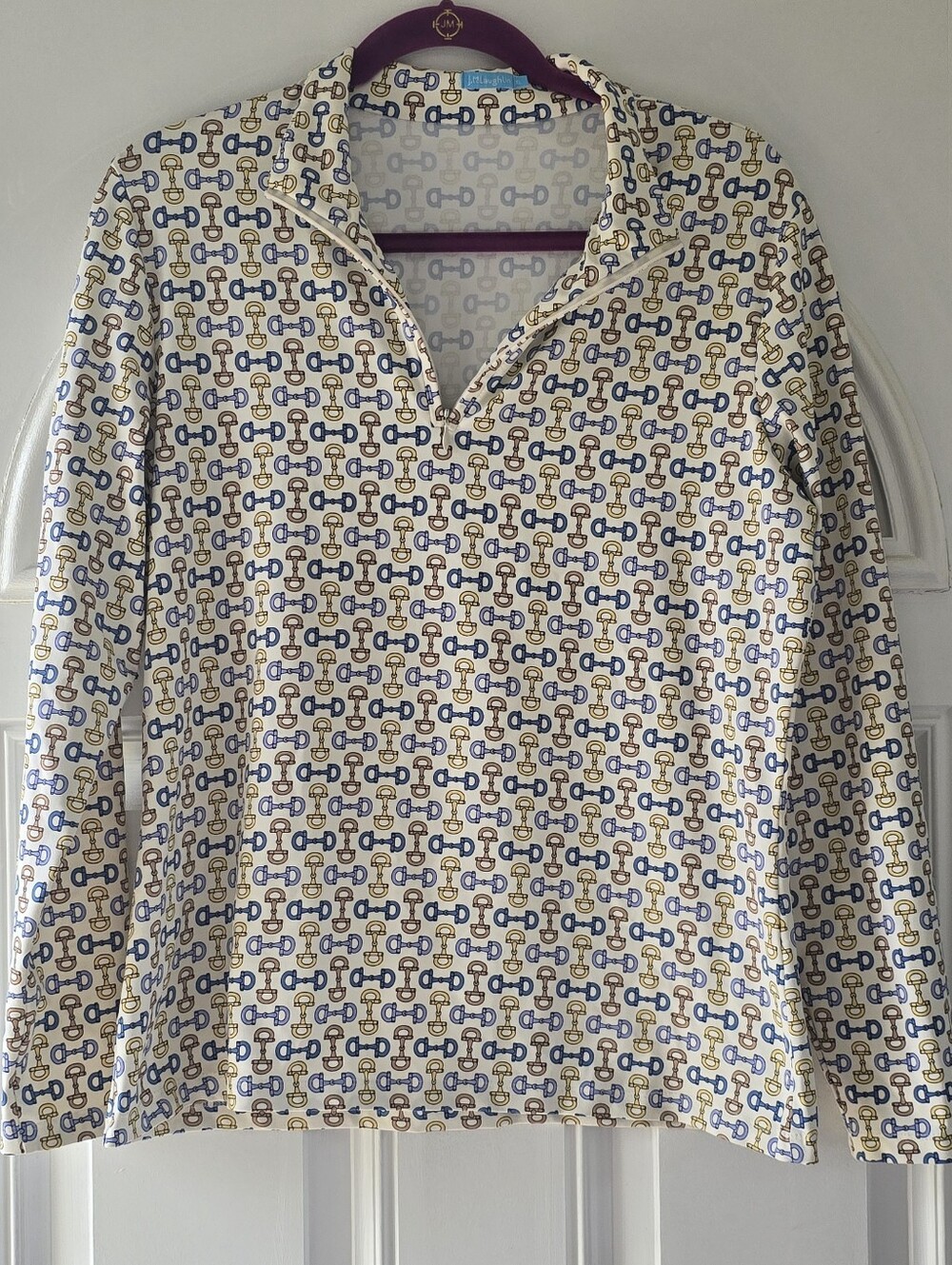 J. McLaughlin XL Horsebit Zip Neck Long Sleeve Top Equestrian Costal Grandma